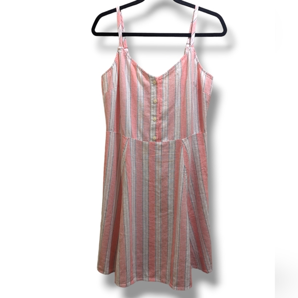 GAP Sleeveless V-Neck Button Front Linen Blend Pink & White Stripe Mini Dress- M - Picture 5 of 11